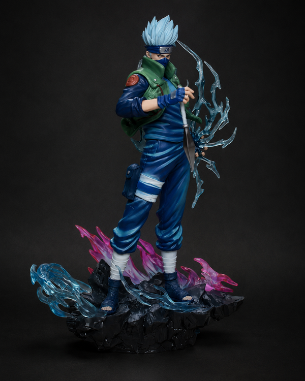 Premium Naruto Kakashi Hatake 23cm anime figure featuring translucent lightning effects, detailed Jonin outfit, rocky display base, and high-quality PVC construction for anime collectors and display shelves.
