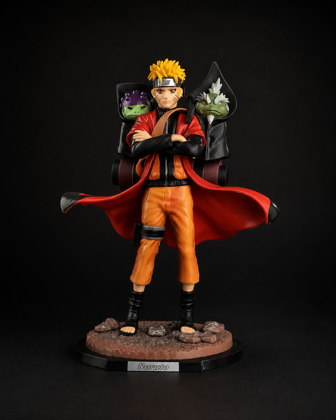 Premium Naruto Sage Mode Figure 23cm featuring Naruto Uzumaki with Fukasaku and Shima, detailed Sage Mode cloak, rocky display base, and high-quality PVC construction for anime collectors and display shelves.
