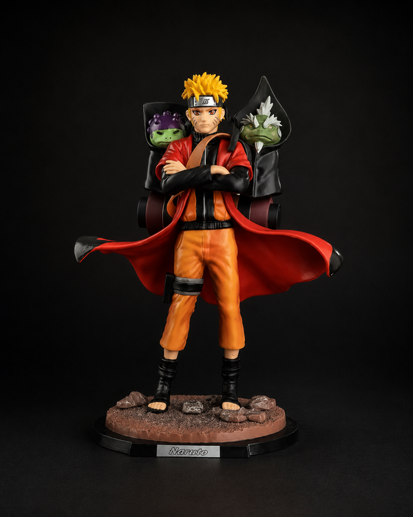 Premium Naruto Sage Mode Figure 23cm featuring Naruto Uzumaki with Fukasaku and Shima, detailed Sage Mode cloak, rocky display base, and high-quality PVC construction for anime collectors and display shelves.