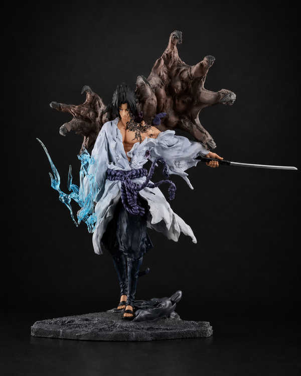 Premium Naruto Sasuke Uchiha 30cm anime figure featuring Curse Mark detailing, Susanoo hand effect, Chidori lightning energy, rocky display base, and high-quality PVC construction for anime collectors and display shelves.