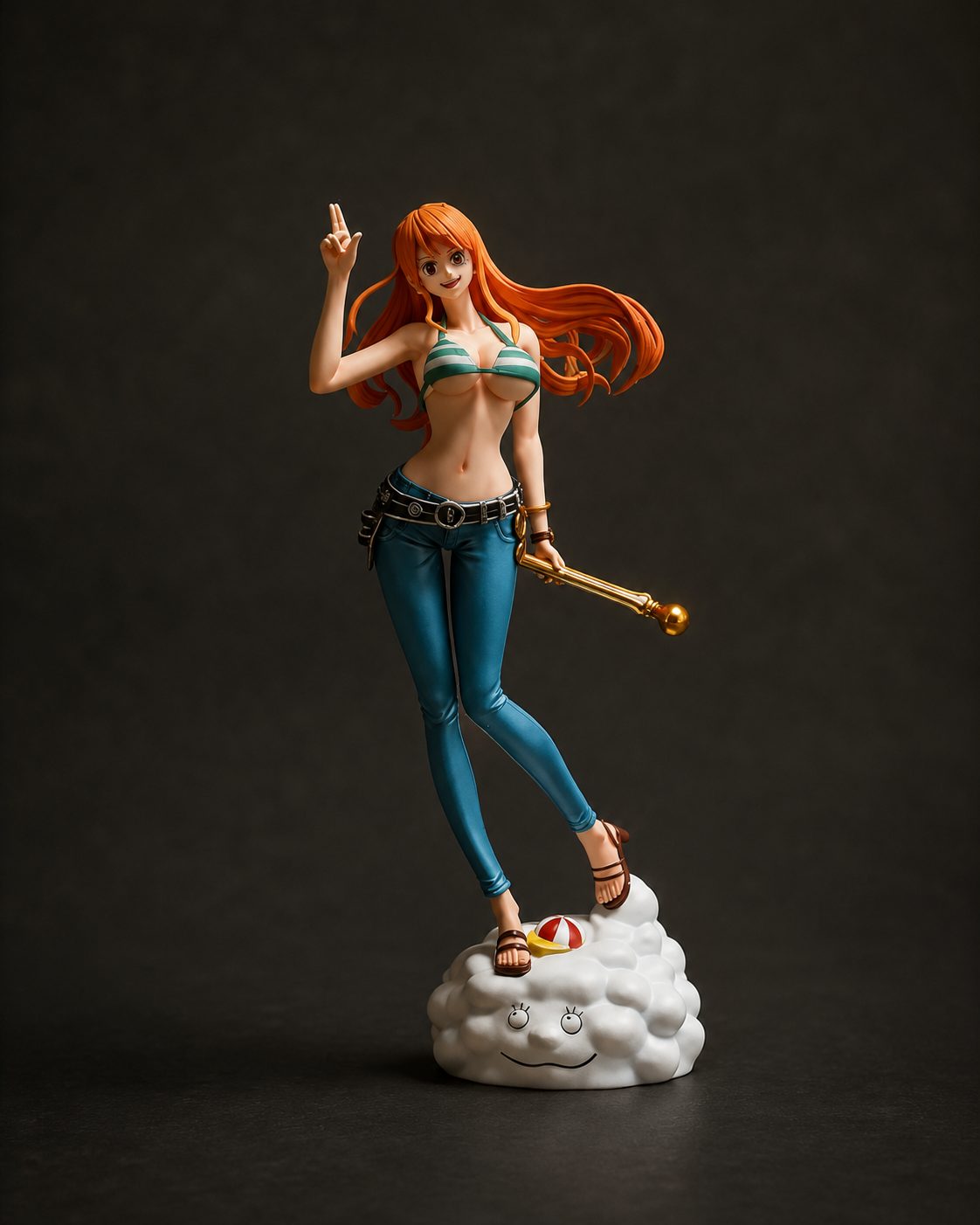 Premium 25cm One Piece Nami anime figure with cloud display base and Clima-Tact staff, collectible PVC figurine for anime collectors, gaming setups, and room décor.