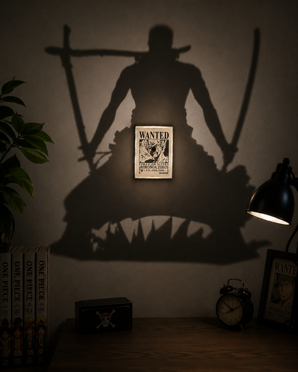 One Piece Roronoa Zoro Shadow Projection Night Lamp projecting an iconic Zoro silhouette with warm LED lighting for anime room décor, gaming setups, bedrooms, and collector displays.