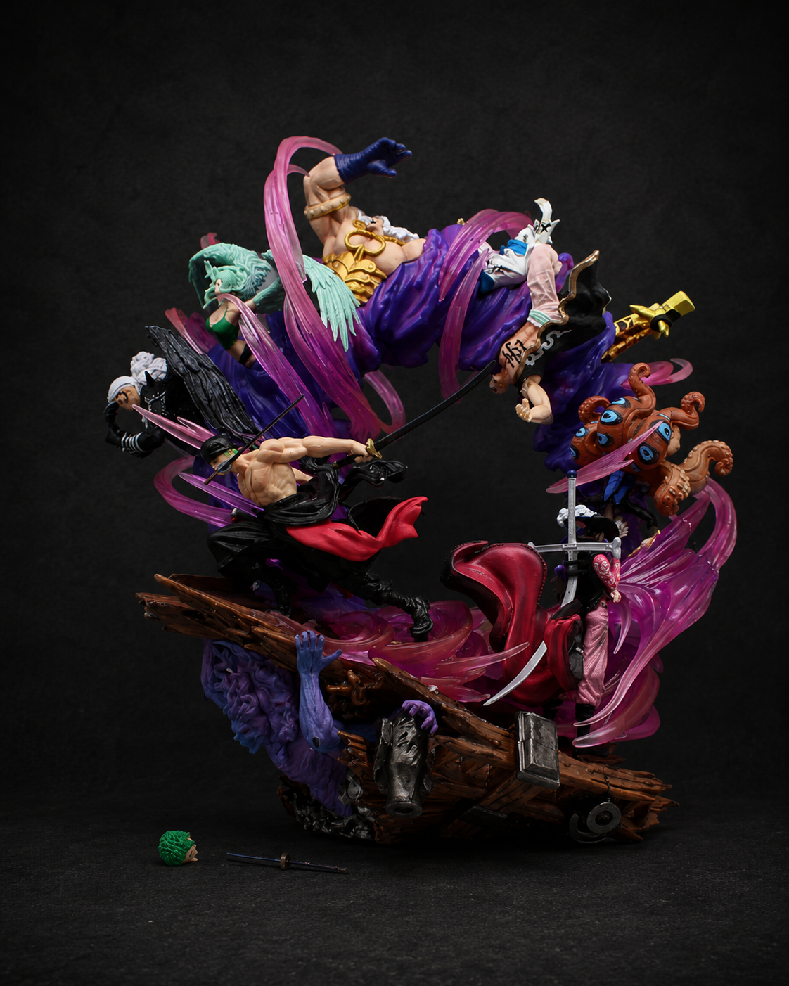 One Piece Roronoa Zoro Three Sword Style Battle Diorama Figure 23cm featuring premium Wano Arc battle scene with detailed PVC sculpt, dynamic effects, and collector display base.